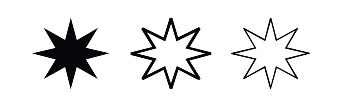 Explosion star burst icon set. Abstract seven-point star glyph, outline, and flat vector symbols for impact, celebration, or comic effects.