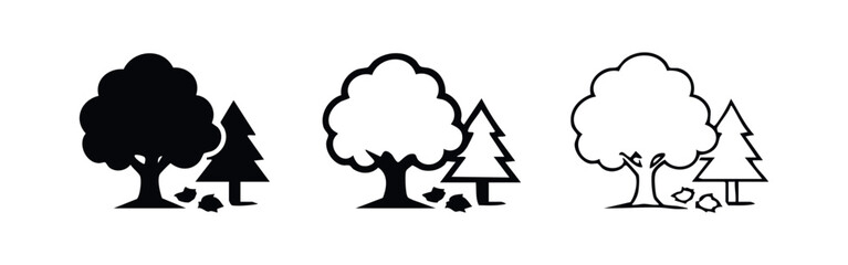 Tree icons set with deciduous and coniferous trees. Nature, forest, and ecology symbols in different styles. © liubomir118809