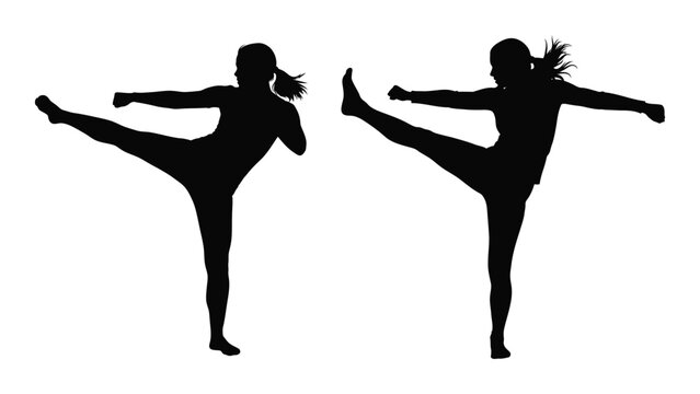 Two silhouettes of women performing high kicks showcasing dynamic martial arts poses
