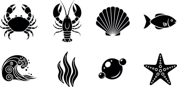 Sea Life and Ocean Elements Collection with Crab Lobster Shell Fish Wave Seaweed Bubbles and Starfish Vector Silhouette Icon Set