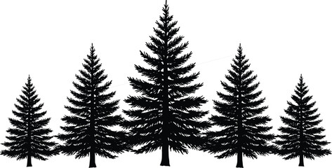 Fototapeta premium Hand Drawn Black Pine Tree Silhouettes Forest Landscape Illustration Set Isolated On White Background For Nature Graphic Design And Print