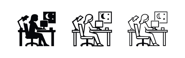 Fototapeta premium Woman working late night on computer with desk lamp icon set