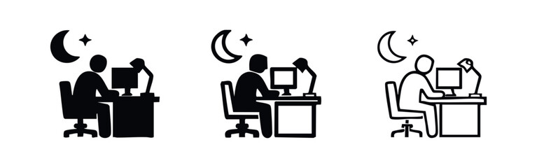 Fototapeta premium Man working late night on computer with desk lamp and crescent moon icon set