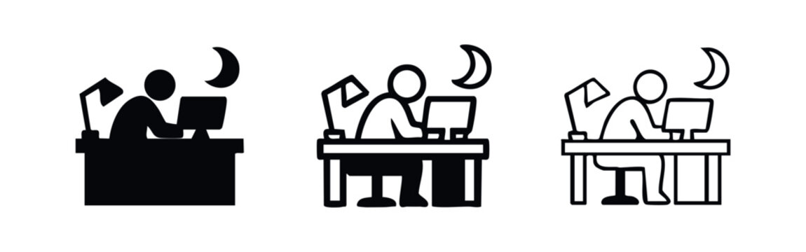 Man working late night on computer with desk lamp and crescent moon icon set
