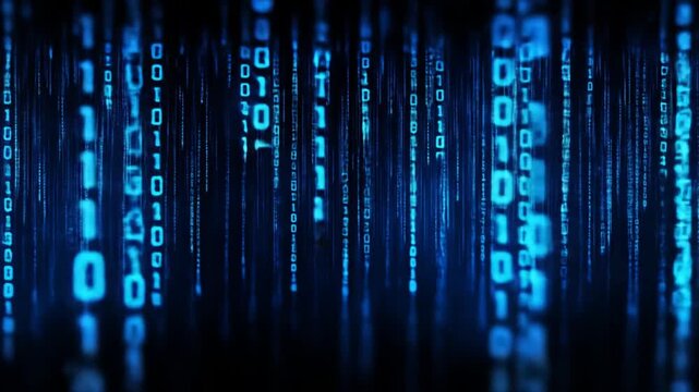 Abstract digital data stream of binary code falling on black background