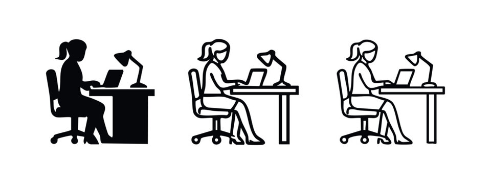 Woman working on laptop with desk lamp icon set in various styles