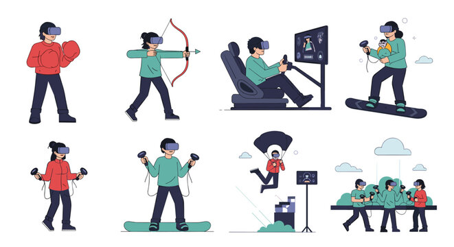 Set of diverse people experiencing various virtual reality simulations like sports, driving, paragliding, and archery using high-tech vr gear.