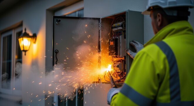 A construction worker in a yellow safety jacket and white hard hat welding an electrical panel on a house exterior.