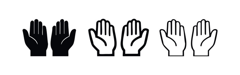 Obraz premium Open hands icon set. Palms up gesture, representing prayer, help, giving, or receiving in different styles.