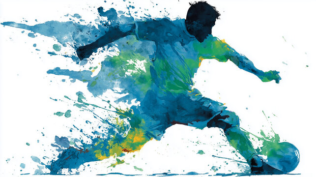 サッカー選手がボールを蹴る躍動的な水彩画イラスト