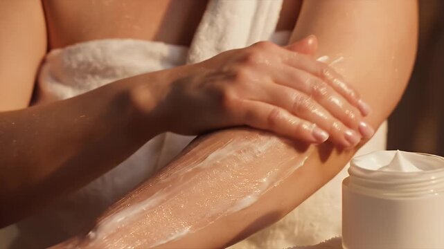 Close Up Of A Woman's Hands Applying Moisturizing Cream To Her Arm In Warm Natural Sunlight With A Jar Of Cream In The Foreground