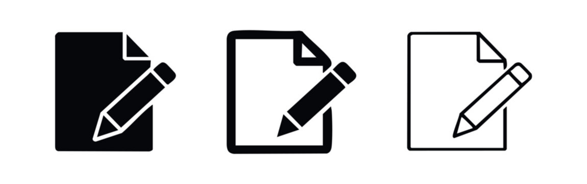 Edit document with pencil icons. Write file symbol set, paper and pen vector illustration for content creation.