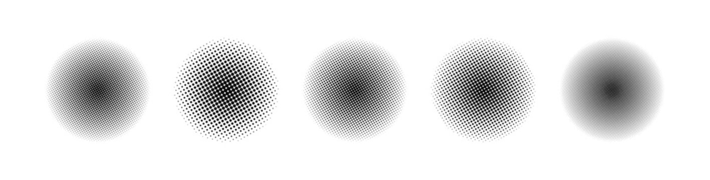 Black white Halftone gradient circles. Circular dot pattern. Radial dotted texture shape. Vector illustration for retro pop art style design.
