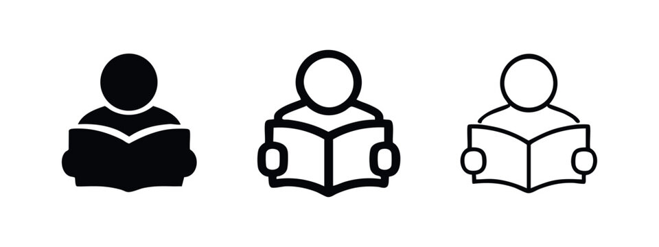 Student reading book icon set, vector person with open book symbols in solid and outline styles