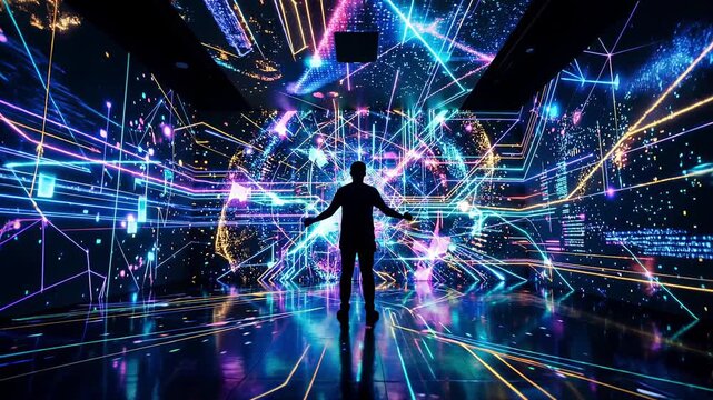 Silhouette of a person standing in a futuristic digital art installation with glowing light projections