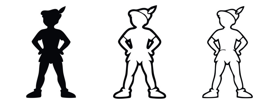 Fantasy Boy Character Icon Set - Peter Pan Inspired Silhouette and Outline Symbols for Childhood