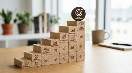 business growth and goal achievement concept with wooden blocks stacked as stairs representing strategy step by step progress towards success and target objective in a modern office setting
