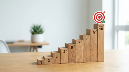 Business growth and goal achievement strategy represented by wooden blocks staircase with target icon. Success steps and progress milestones for career development and planning objectives today.