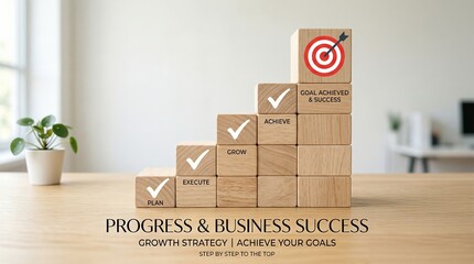 Business growth and goal achievement strategy concept with wooden blocks stacked as stairs showing progress from plan to execution and success with a target icon on a bright office desk.
