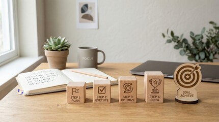 Business Growth and Goal Achievement Strategy Concept with Wooden Blocks Showing Steps to Success Plan Execute Optimize and Grow on Office Desk with Notebook Laptop Coffee Mug and Succulent Plant