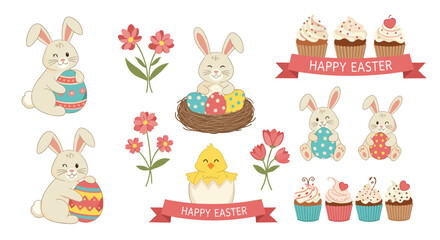 Obraz premium Collection of cute Easter holiday elements featuring bunnies with decorated eggs cupcakes flowers and a chick.