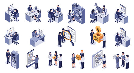 Fototapeta premium Large collection of isometric business office scenes including job interviews recruitment and employee work.