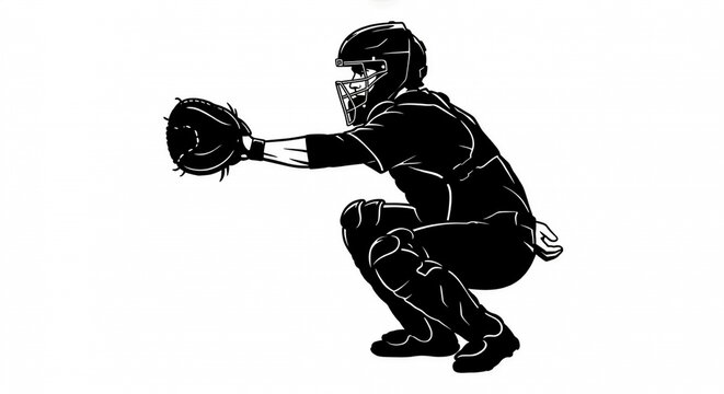 野球キャッチャーシルエット・捕球体勢・黒シルエット白背景スポーツイラスト