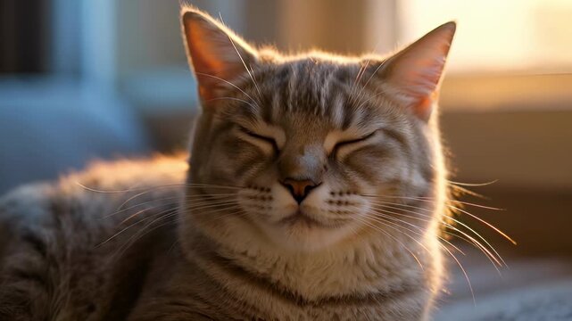 Close-up of a peaceful domestic tabby cat with eyes closed, relaxing in warm golden sunlight, slowly opening one eye, conveying contentment and coziness.