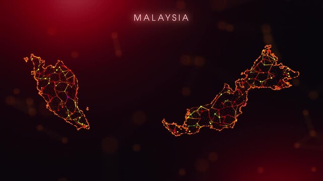 A dynamic motion video showcasing the Malaysia country border through a colorful plexus reveal. Glowing red and orange dots represent high-tech data communication and global digital networks.