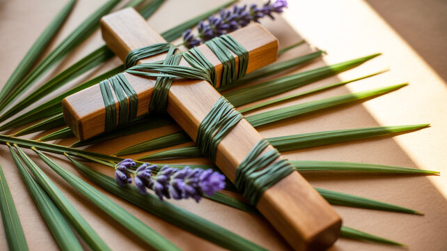 A close-up photograph of a wooden cross wrapped with dark green raffia ribbon in a twisted pattern.