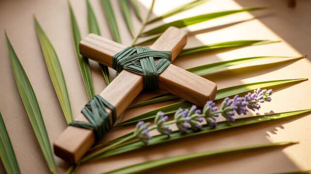 A close-up photograph of a wooden cross wrapped with dark green raffia ribbon in a twisted pattern.
