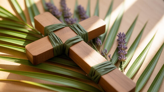 A close-up photograph of a wooden cross wrapped with dark green raffia ribbon in a twisted pattern.