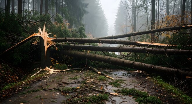 Fallen Trees Blocking Forest Road After Storm Creating Dangerous Obstruction in Nature