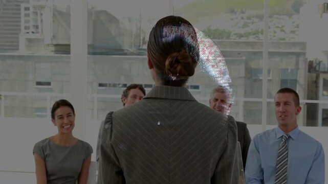 Business pitch starting, presenter turning to panel while holo globe sliding off side seeking nods