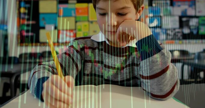 Boy touching pencil to notebook and writing in class, animated bars crossing front, doing classwork