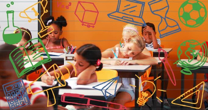 Center girl writing in class, writing causing lightbulb doodles overlaying and visualizing learning