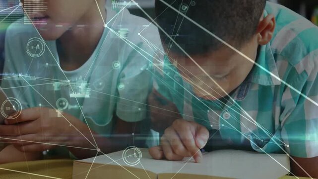 Right boy tracing opening book left holding card glancing HUD overlay crossing hands aiding reading