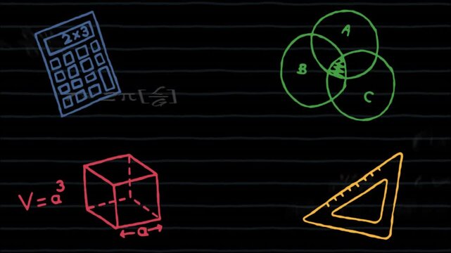 Yellow stroke initiating animated icons drawing calc Venn cube ruler on ruled board teaching math
