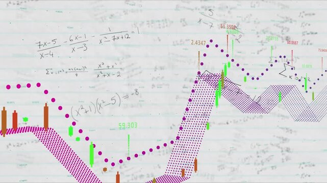 Math graph growing on lined paper, magenta markers moving ribbon forming bars popping showing rise