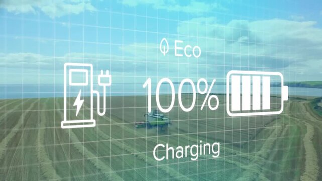 Combine working in field under overlay showing Eco, Charging label, plug icon, battery percent