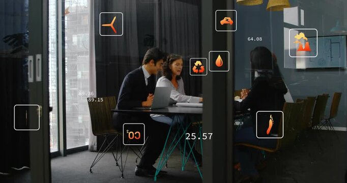 Vertical video: Man tapping laptop team pointing papers business icons showing metrics around table