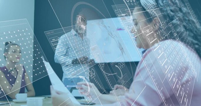 Business host pressing remote, pointing, woman flipping pages while UI overlays clarifying charts