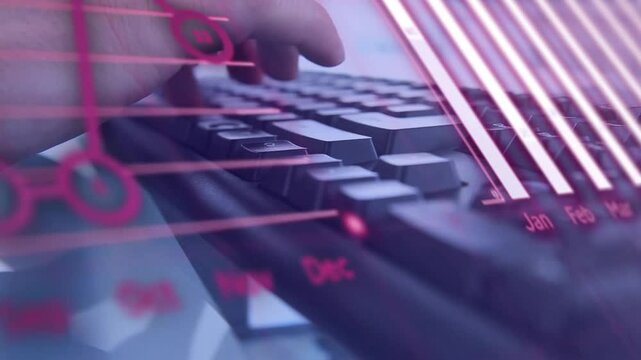 Computer user hand typing on keyboard, activating red overlays and updating tech dashboard