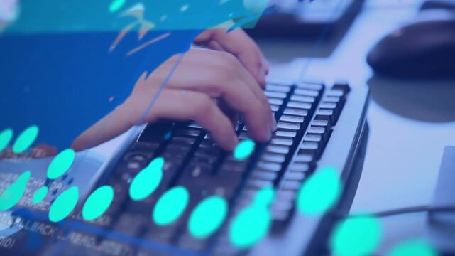 First keystroke starting hands typing on keyboard while blue overlays shifting and updating metrics