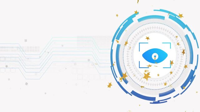 Gold stars initiating flow while tech HUD with eye expanding and rotating, highlighting UI focus