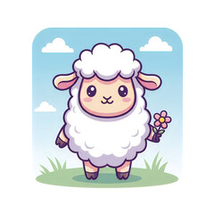 Naklejka premium A cute cartoon sheep holding a small bouquet of flowers under a blue sky