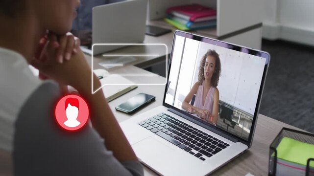 Red avatar appearing routing speech arrow to host speaking and gesturing viewer listening for call