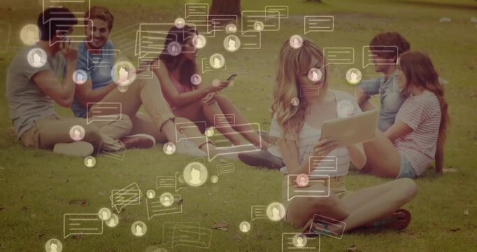 Six adults sharing social posts in park, tapping screens creating chat bubbles growing over group