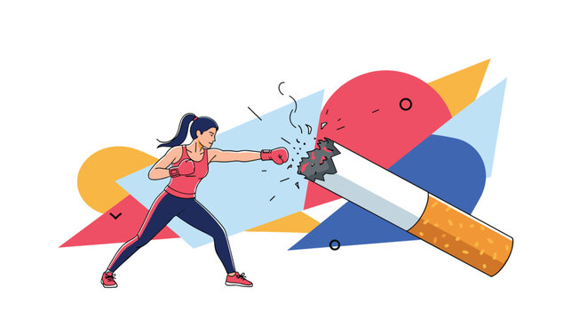 Determined female boxer punching a giant lit cigarette in an illustration representing the fight against smoking.