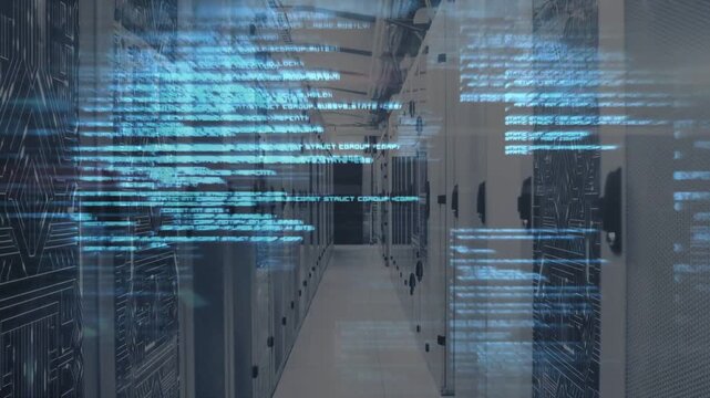 Network event sparking blue code overlay surging then fading over datacenter aisle revealing racks